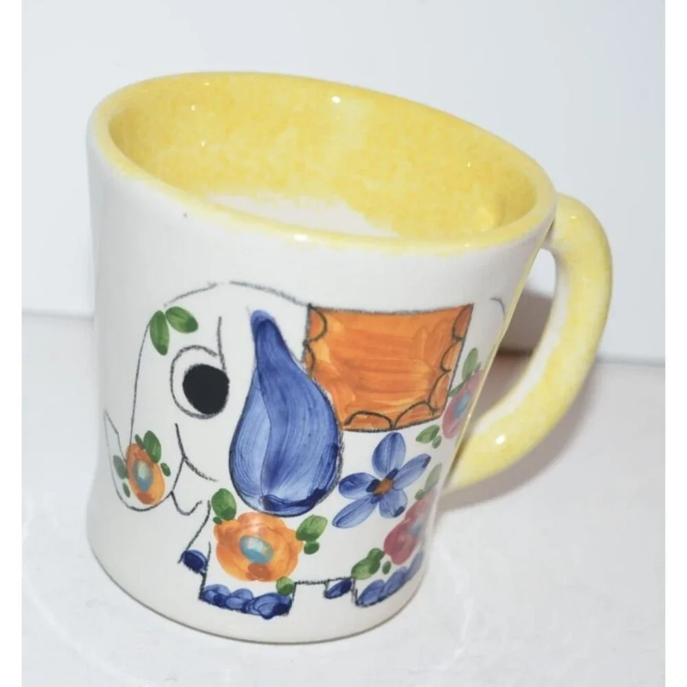 Vtg Elephant Mug Coffee Cup Floral Italy Hand Painted Unique‎ design